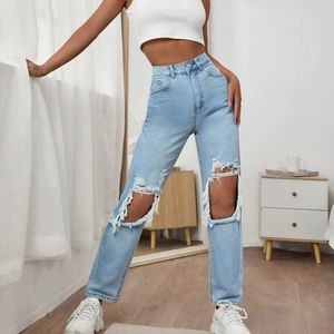 High Waist Ripped Straight Leg Jeans